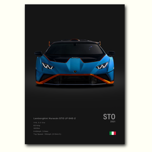 Poster Lamborghini Huracan STO en couleurs vue avant fond noir