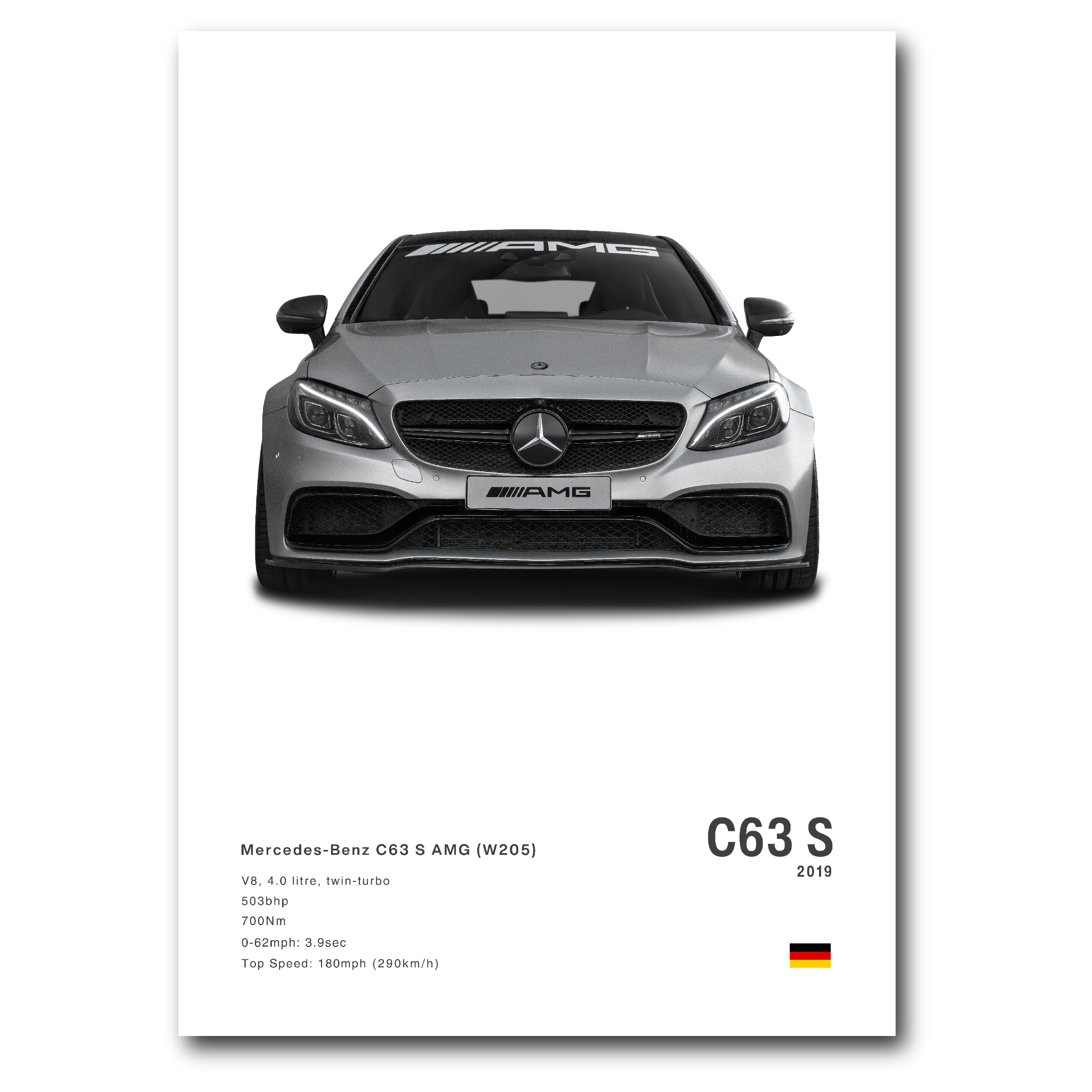 Poster de la Mercedes C63S AMG W205 grise sur fond blanc vue de face