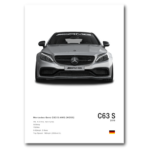 Poster de la Mercedes C63S AMG W205 grise sur fond blanc vue de face