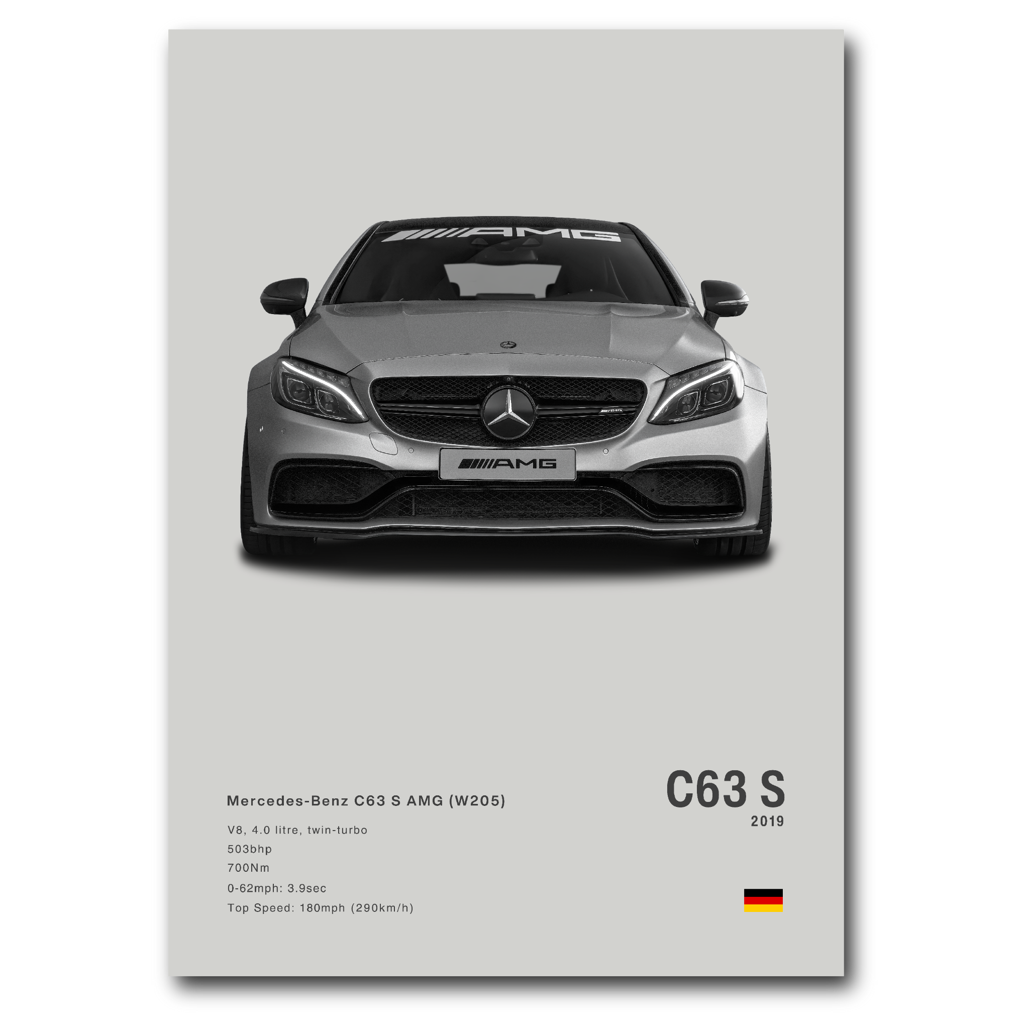 Poster de la Mercedes C63S AMG W205 grise sur fond gris vue de face