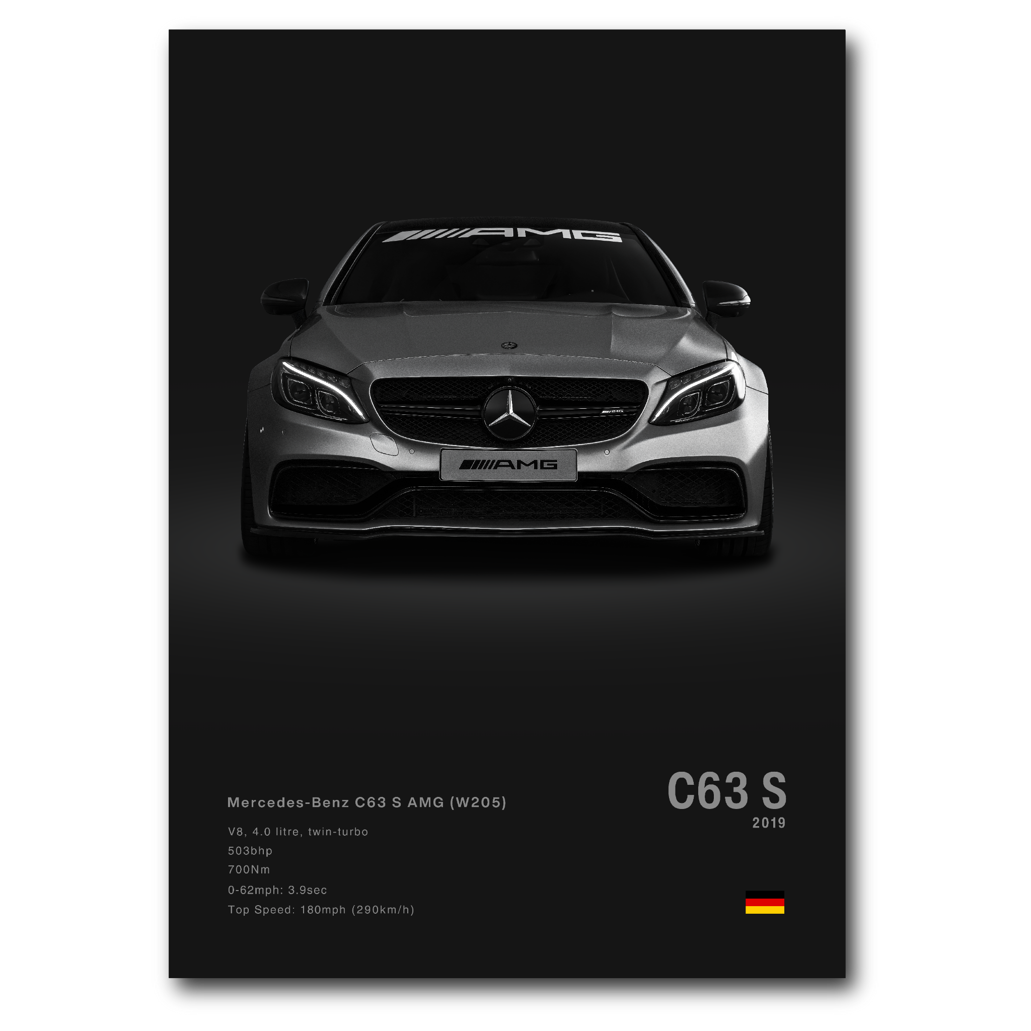 Poster de la Mercedes C63S AMG W205 grise sur fond noir vue de face