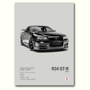 Poster Nissan Skyline GT-R R34 vue de face fond gris
