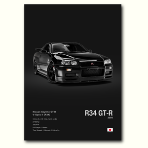 Poster Nissan Skyline GT-R R34 vue de face fond noir