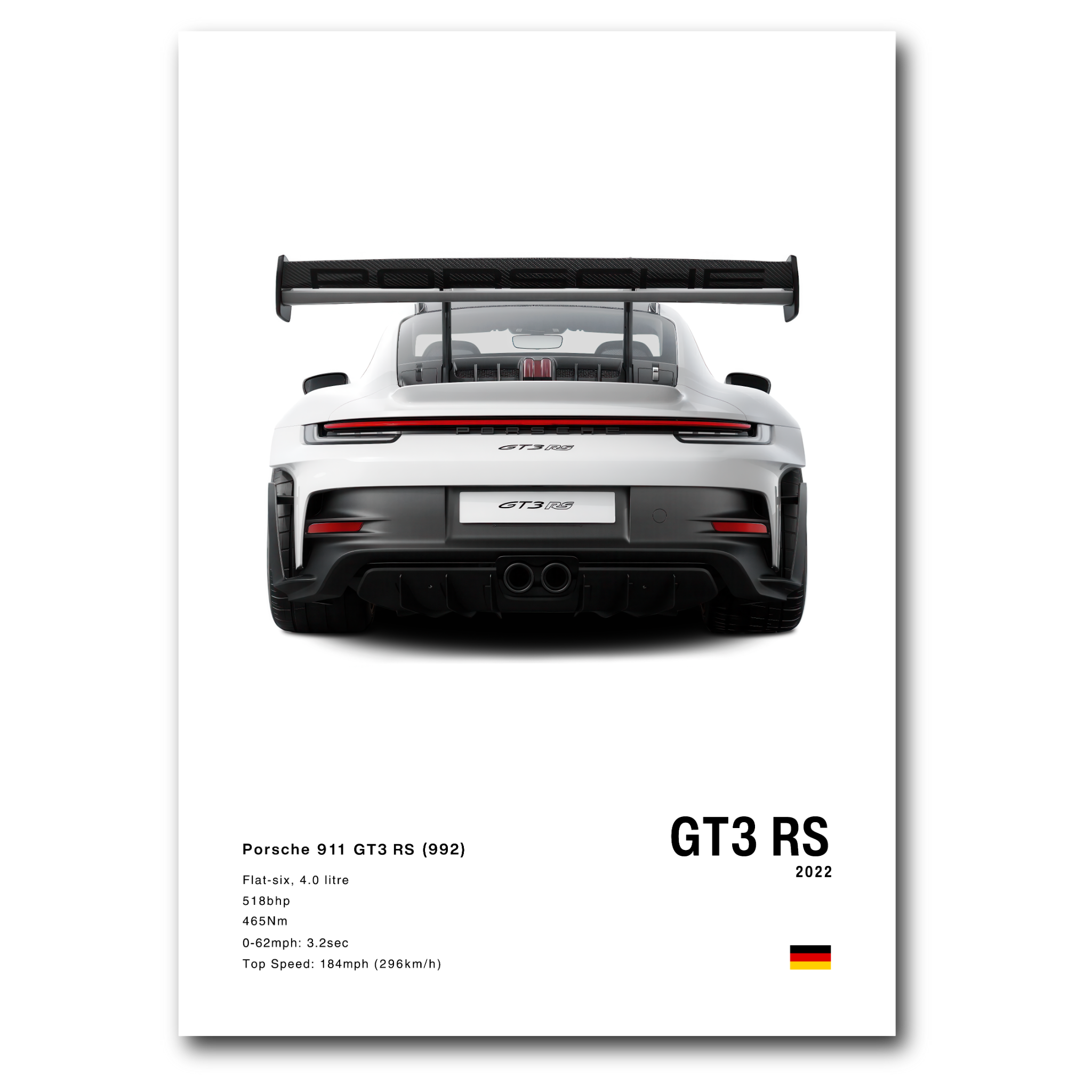 Poster de la Porsche 911 992 GT3RS grise vue arrière sur fond blanc