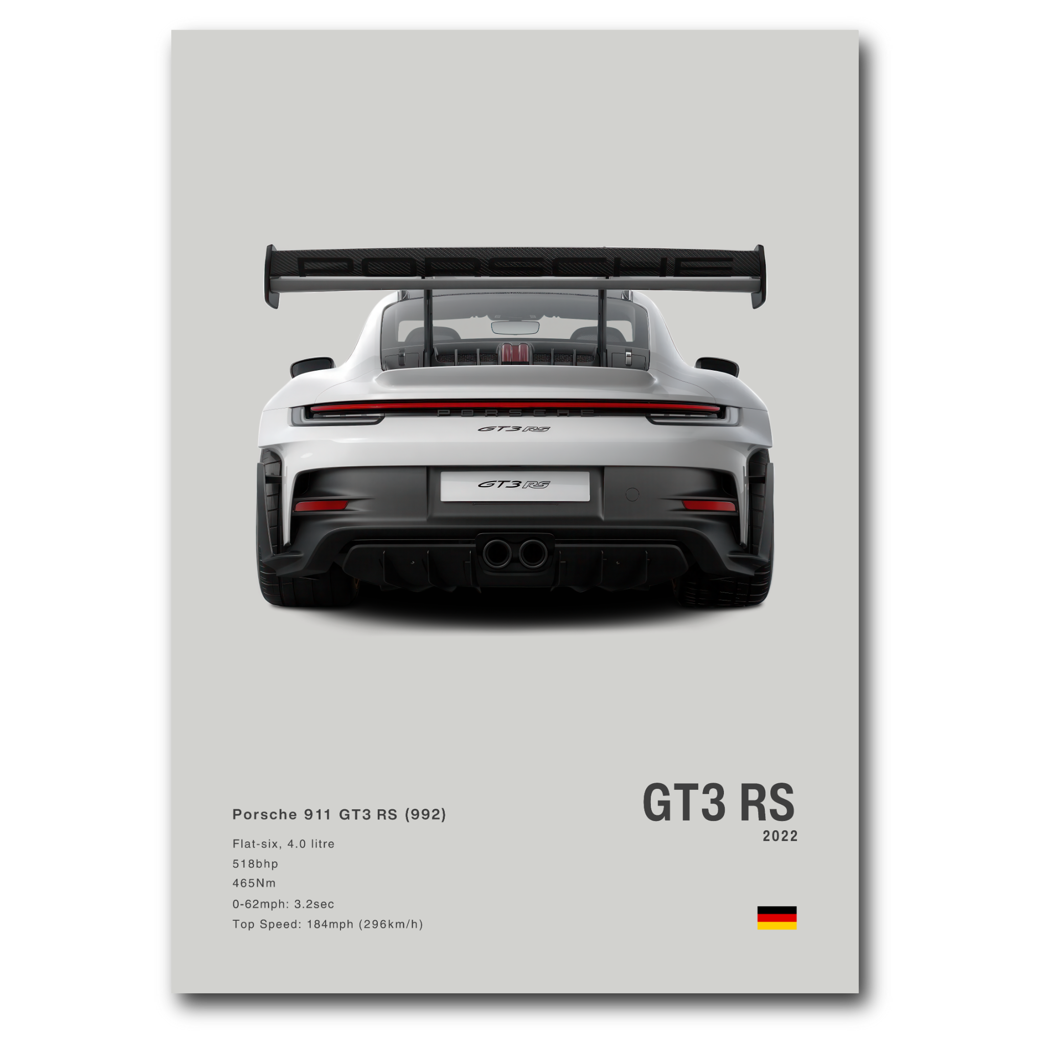Poster de la Porsche 911 992 GT3RS grise vue arrière sur fond gris