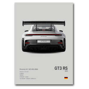 Poster de la Porsche 911 992 GT3RS grise vue arrière sur fond gris