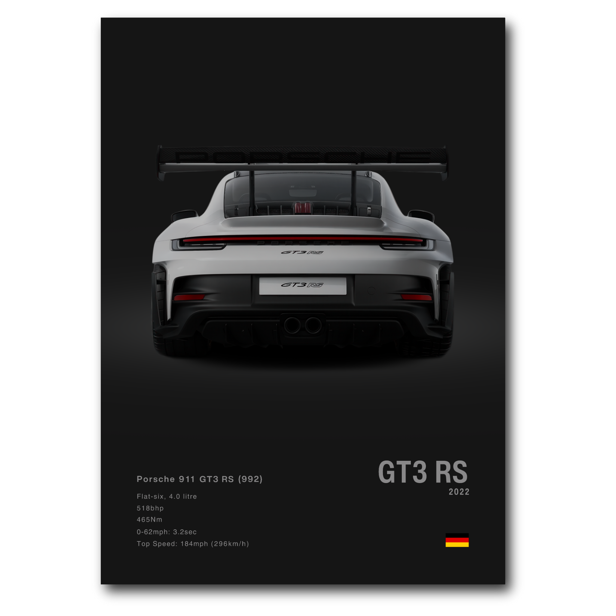 Poster de la Porsche 911 992 GT3RS grise vue arrière sur fond noir