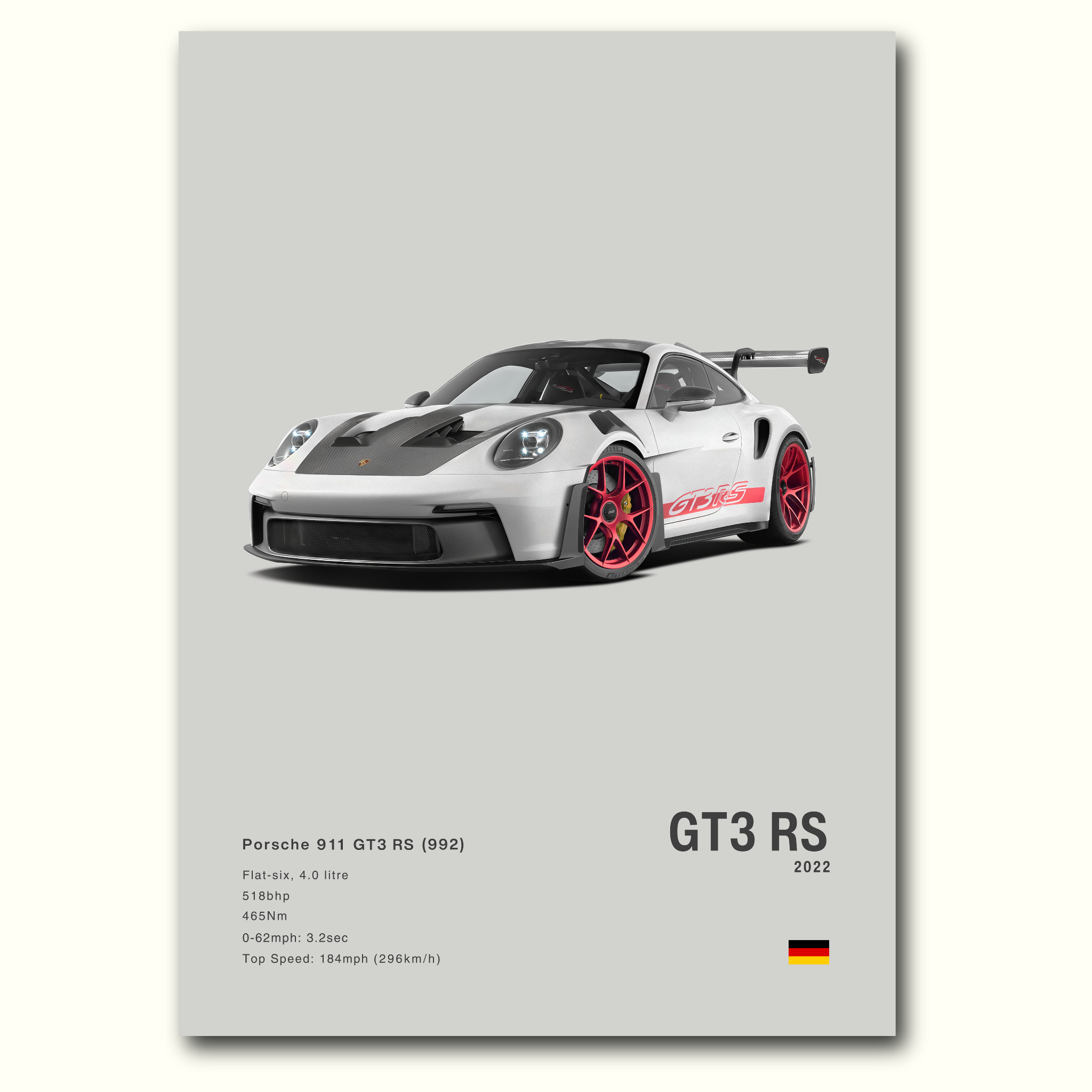 Porsche 911 GT3 RS car on a gray background with specifications.