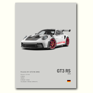 Porsche 911 GT3 RS car on a gray background with specifications.