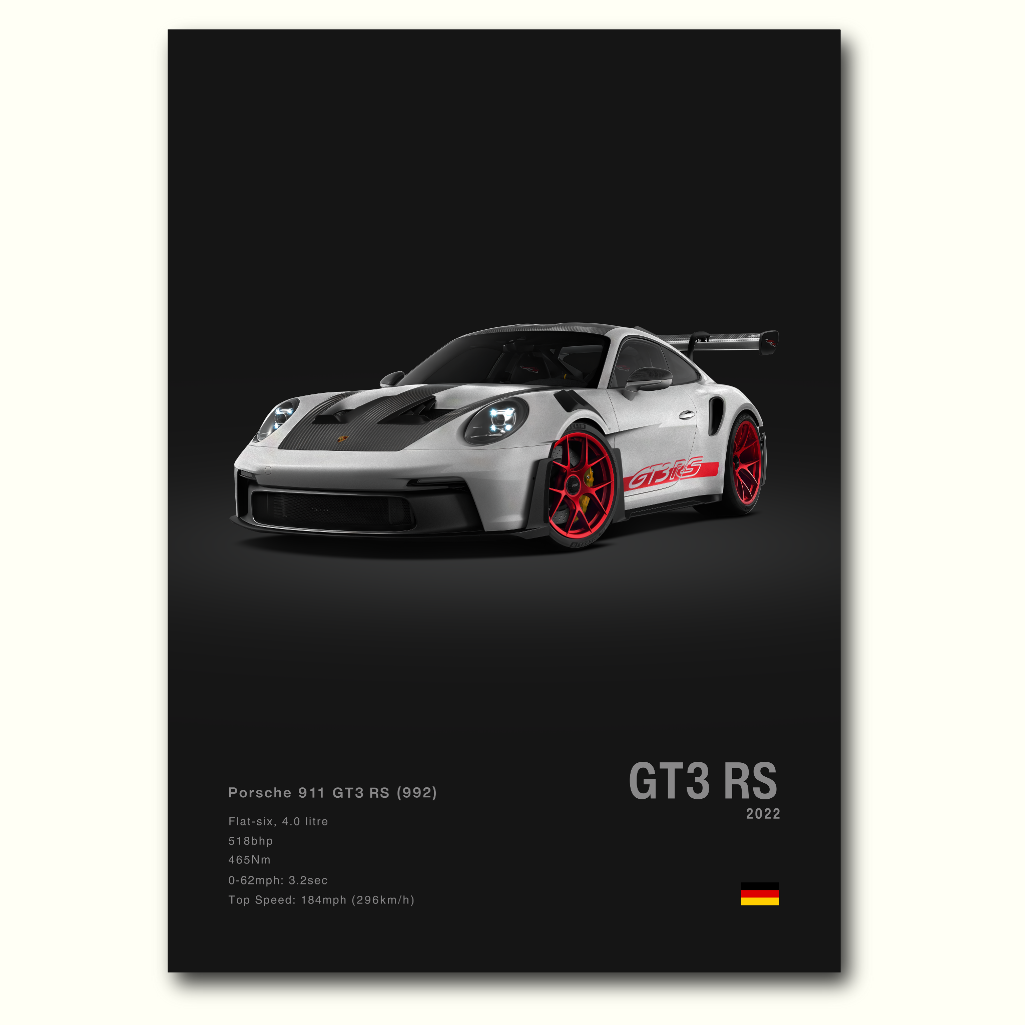 Porsche 911 GT3 RS car on a dark background with specifications displayed.