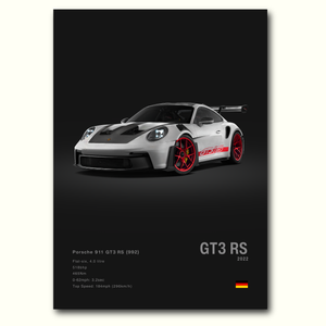 Porsche 911 GT3 RS car on a dark background with specifications displayed.