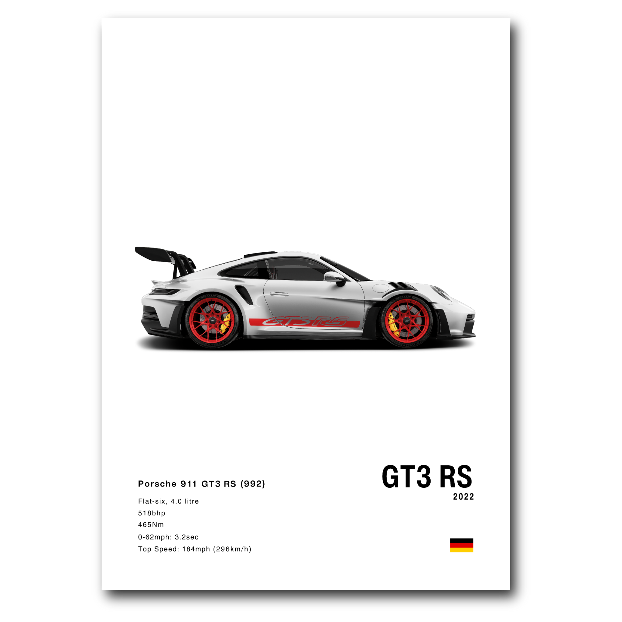 Poster de la Porsche 911 992 GT3RS grise vue de côté sur fond blanc
