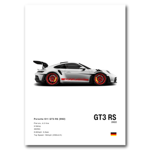 Poster de la Porsche 911 992 GT3RS grise vue de côté sur fond blanc