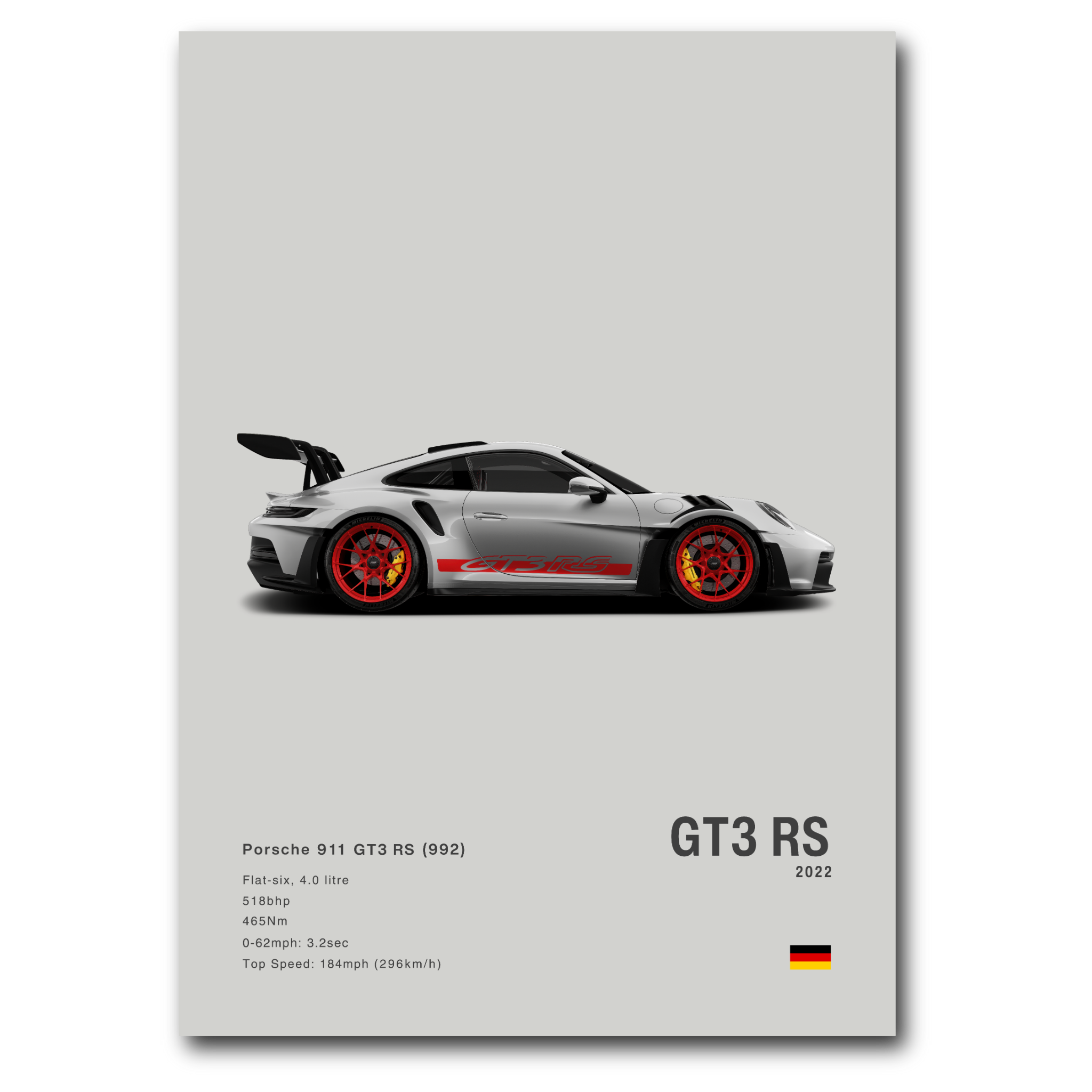 Poster de la Porsche 911 992 GT3RS grise vue de côté sur fond gris