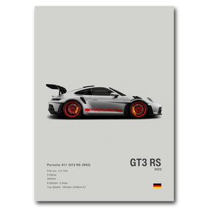 Poster de la Porsche 911 992 GT3RS grise vue de côté sur fond gris