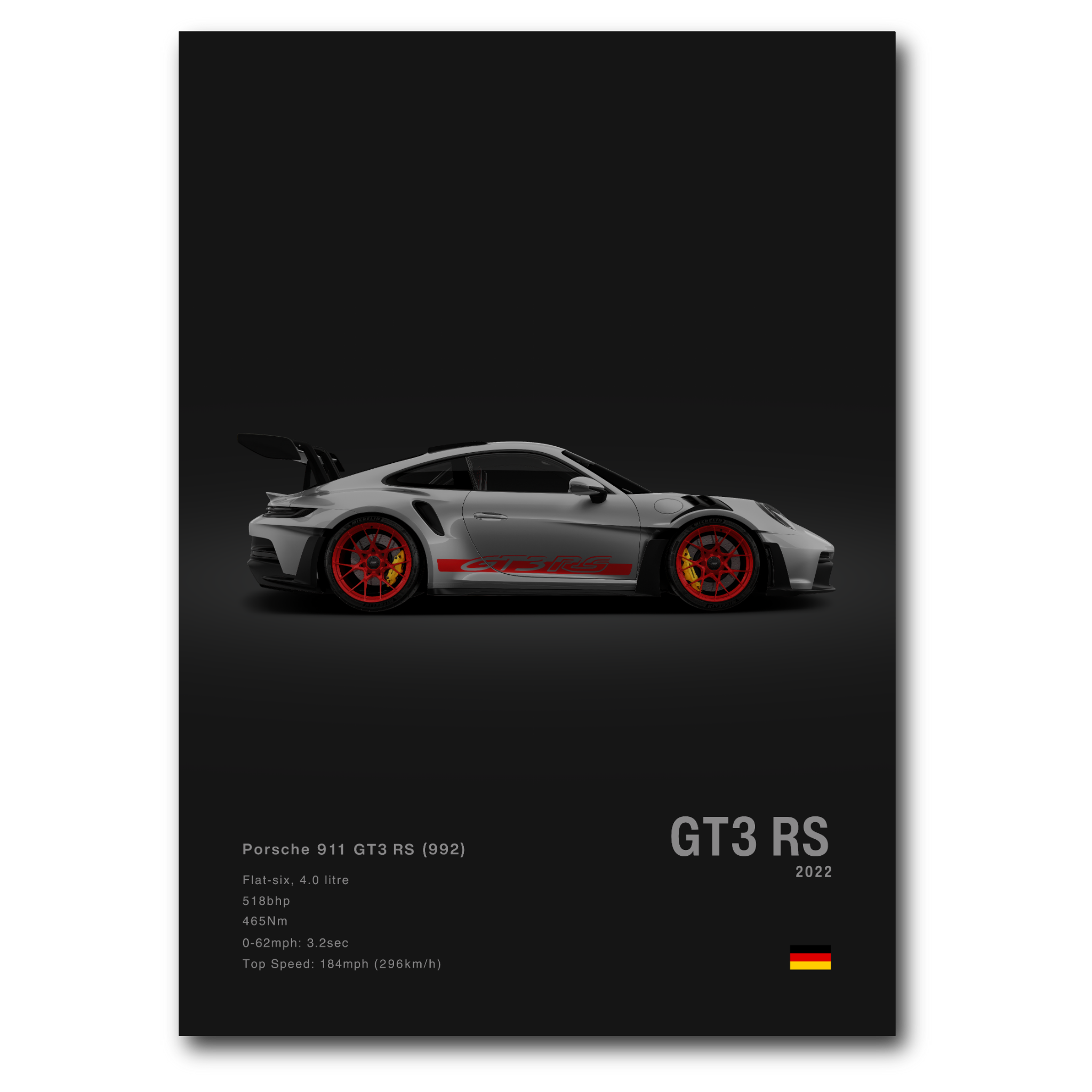 Poster de la Porsche 911 992 GT3RS grise vue de côté sur fond noir