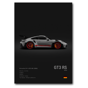 Poster de la Porsche 911 992 GT3RS grise vue de côté sur fond noir