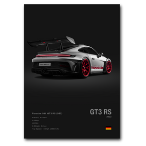 Poster de Porsche 911 992 GT3RS grise vue de trois quarts sur fond noir