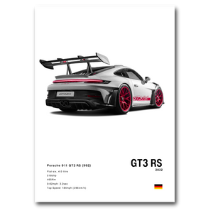 Poster de Porsche 911 992 GT3RS grise vue de trois quarts sur fond blanc