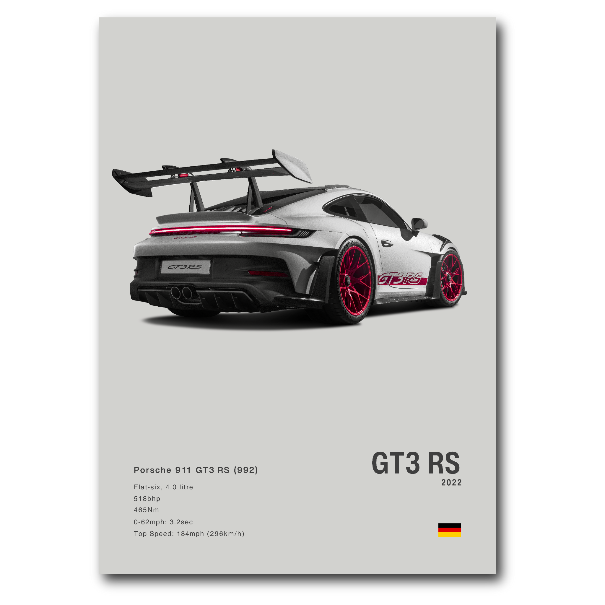 Poster de Porsche 911 992 GT3RS grise vue de trois quarts sur fond gris