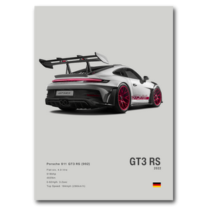 Poster de Porsche 911 992 GT3RS grise vue de trois quarts sur fond gris