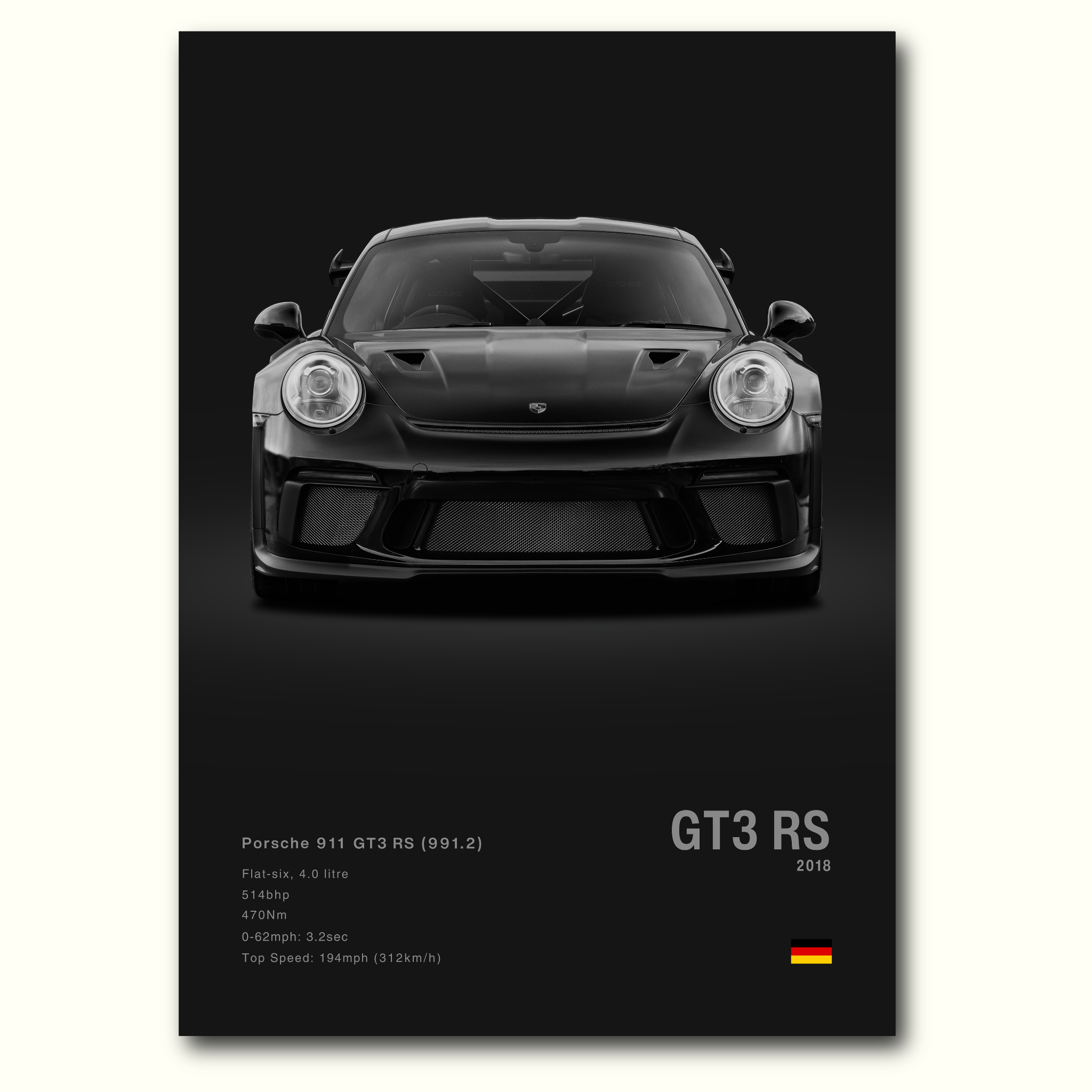 Black Porsche 911 991 GT3 RS on a dark background with specifications below.